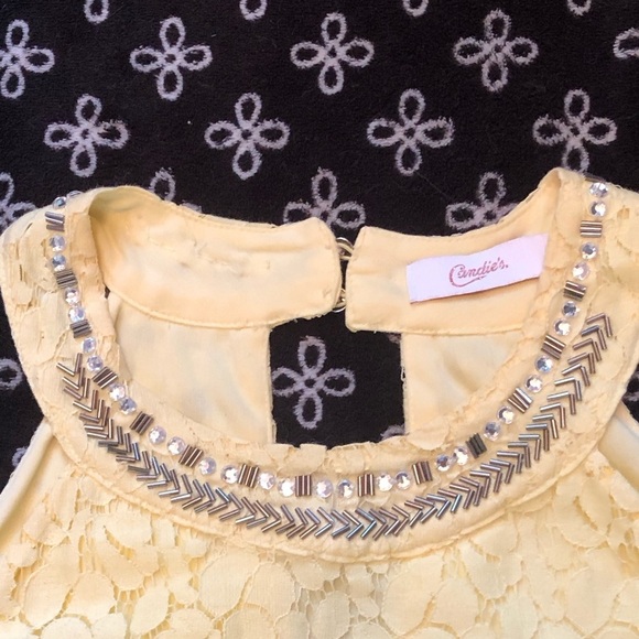 Vintage Candies Yellow Lace Dress with Rhinestones around Collar Size L - Picture 2 of 10